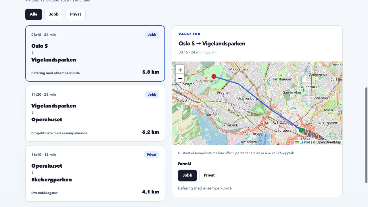 Kjørebok-demo med tre fiktive turer, kart over Oslo og valg mellom jobb og privat